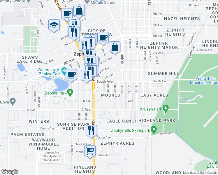 map of restaurants, bars, coffee shops, grocery stores, and more near 4922 8th Street in Zephyrhills