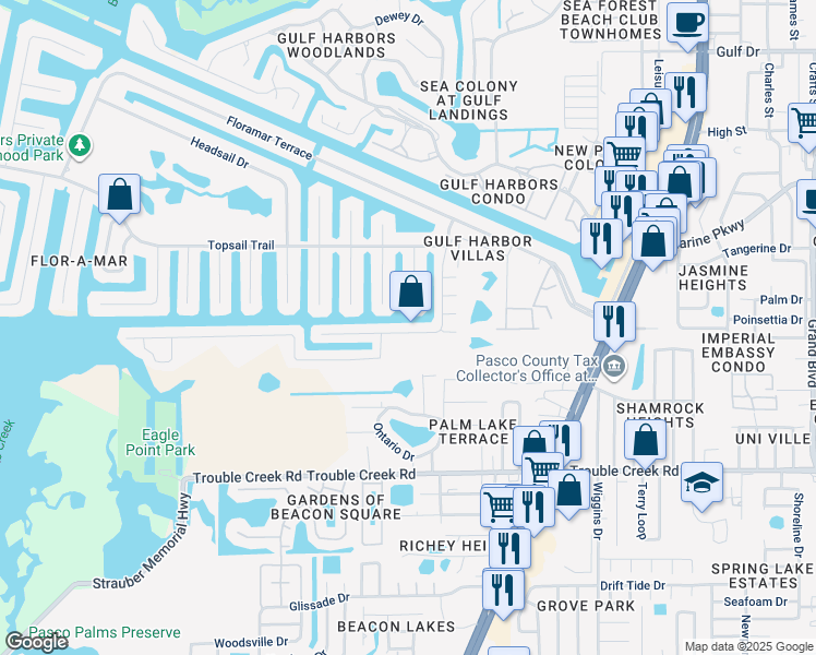 map of restaurants, bars, coffee shops, grocery stores, and more near 4852 Pelican Drive in New Port Richey