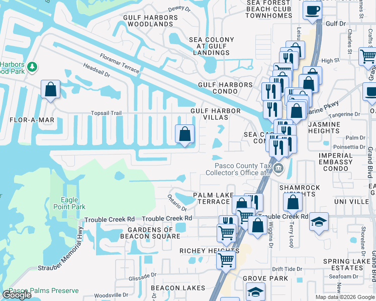 map of restaurants, bars, coffee shops, grocery stores, and more near 4861 Shell Stream Boulevard in New Port Richey