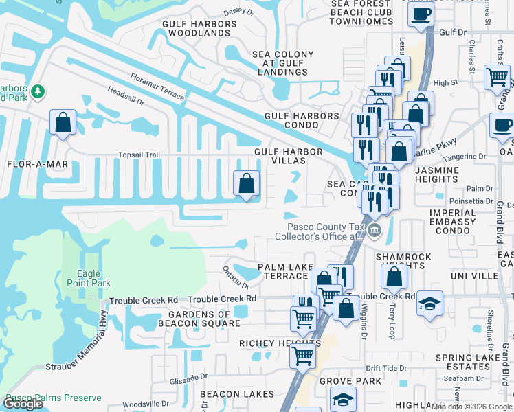 map of restaurants, bars, coffee shops, grocery stores, and more near 4852 Pompano Drive in New Port Richey