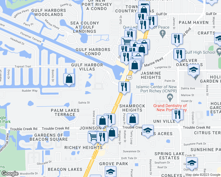 map of restaurants, bars, coffee shops, grocery stores, and more near 4930 Floramar Terrace in New Port Richey