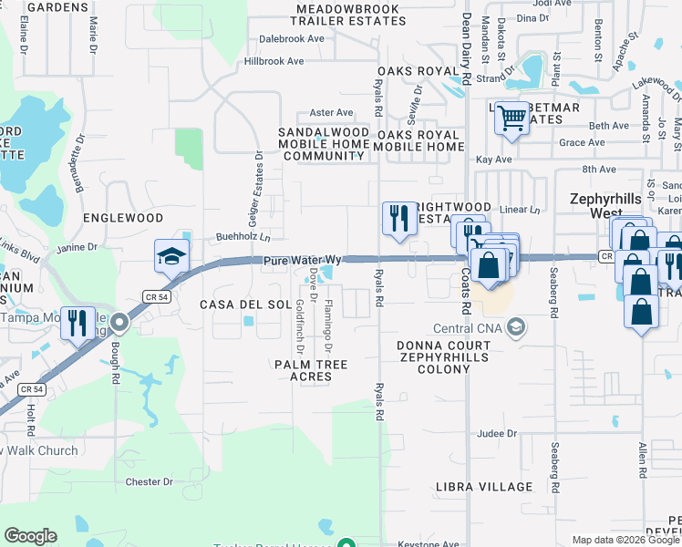 map of restaurants, bars, coffee shops, grocery stores, and more near 36122 Florida 54 in Zephyrhills