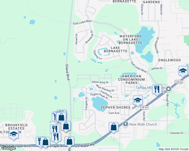 map of restaurants, bars, coffee shops, grocery stores, and more near 34738 Double Eagle Court in Zephyrhills