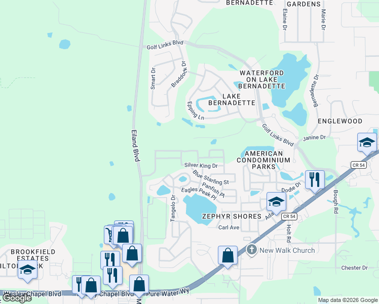 map of restaurants, bars, coffee shops, grocery stores, and more near 34738 Double Eagle Court in Zephyrhills