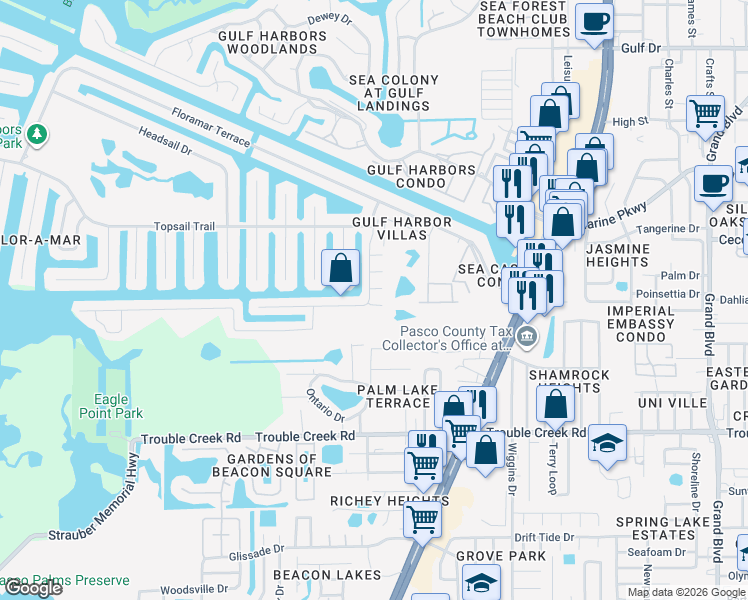 map of restaurants, bars, coffee shops, grocery stores, and more near 4631 Chamber Court in Port Richey