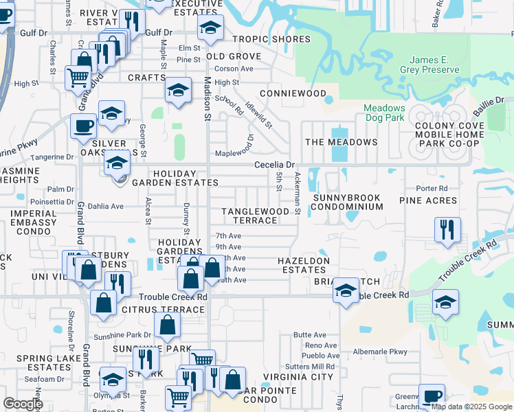 map of restaurants, bars, coffee shops, grocery stores, and more near 4819 Dogwood Street in New Port Richey