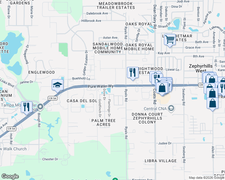 map of restaurants, bars, coffee shops, grocery stores, and more near 36122 Florida 54 in Zephyrhills