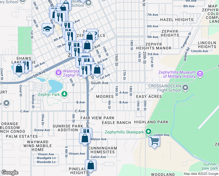 map of restaurants, bars, coffee shops, grocery stores, and more near 38630 South Avenue in Zephyrhills