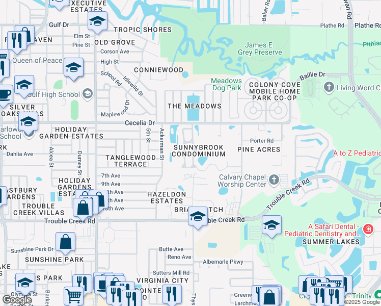 map of restaurants, bars, coffee shops, grocery stores, and more near 4832 Sunnybrook Drive in New Port Richey