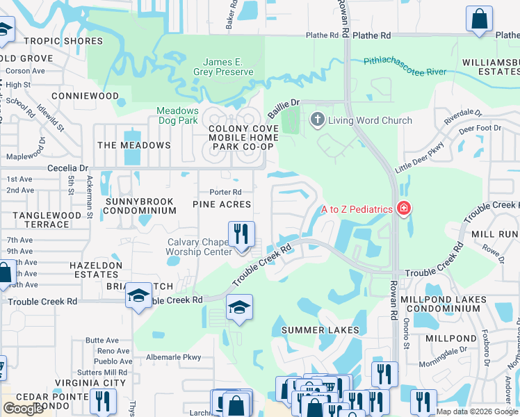 map of restaurants, bars, coffee shops, grocery stores, and more near 4842 Capron Street in New Port Richey