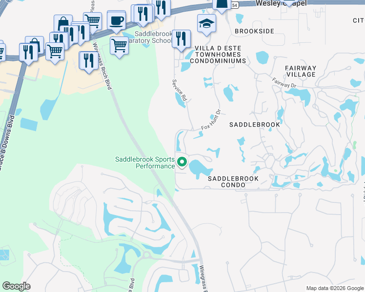 map of restaurants, bars, coffee shops, grocery stores, and more near 5019 Mill Pond Road in Zephyrhills