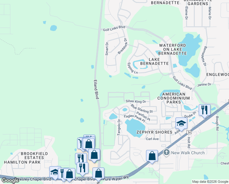 map of restaurants, bars, coffee shops, grocery stores, and more near 34731 Double Eagle Court in Zephyrhills