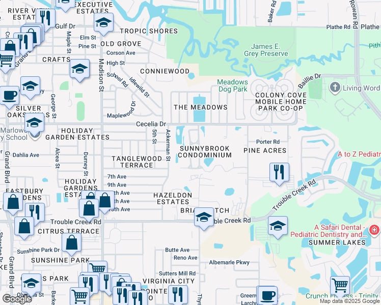 map of restaurants, bars, coffee shops, grocery stores, and more near 4868 Myrtle Oak Drive in New Port Richey