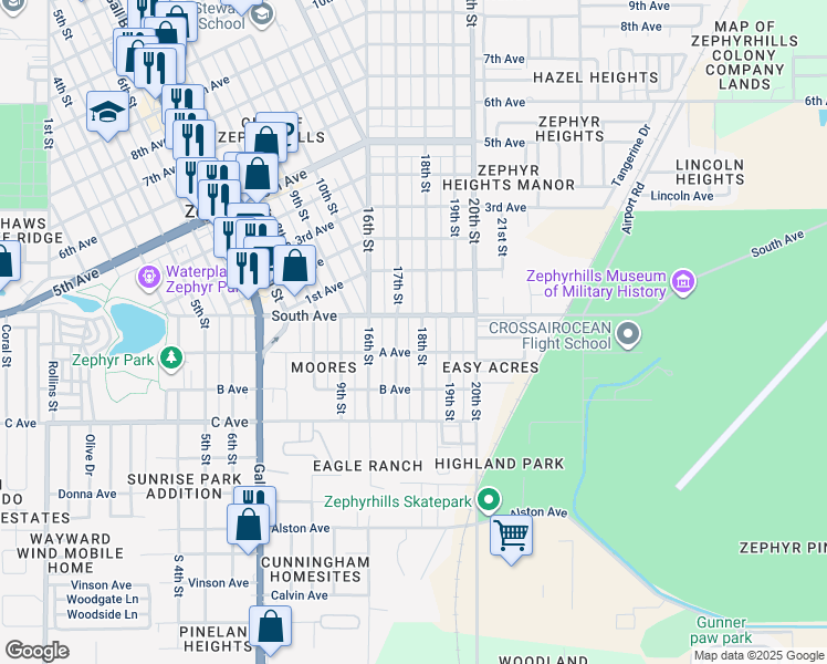 map of restaurants, bars, coffee shops, grocery stores, and more near 38816 South Avenue in Zephyrhills
