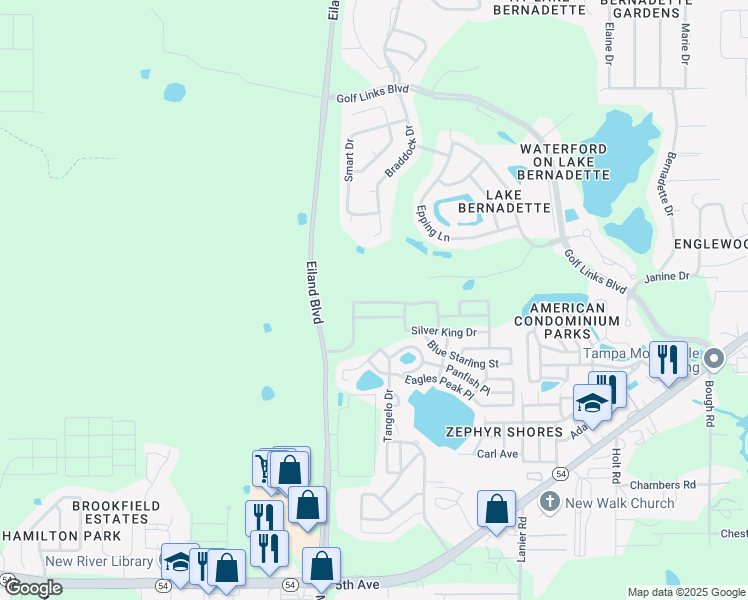 map of restaurants, bars, coffee shops, grocery stores, and more near 34731 Double Eagle Court in Zephyrhills