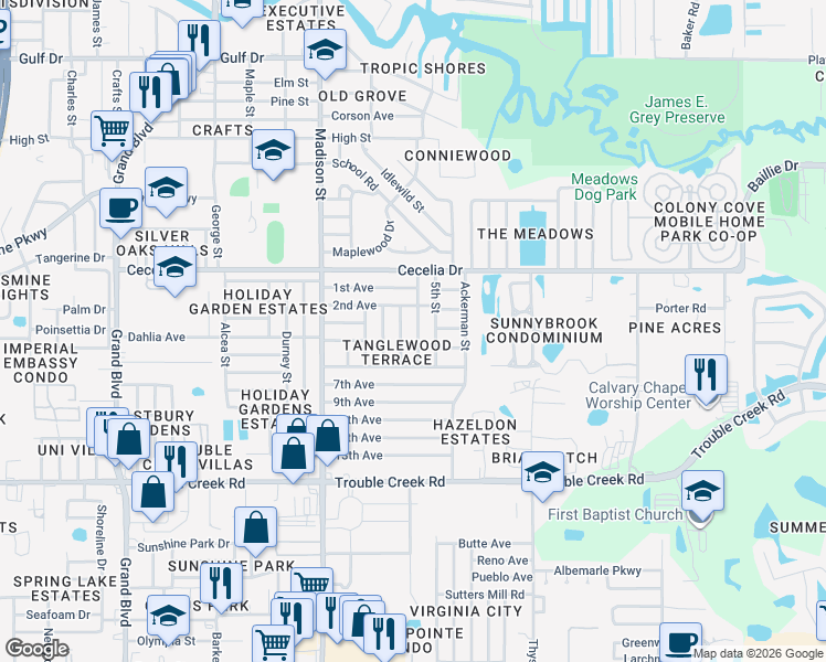 map of restaurants, bars, coffee shops, grocery stores, and more near 4833 Fleetwood Street in New Port Richey
