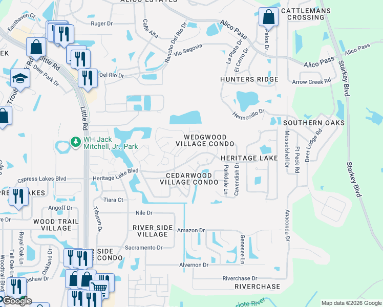 map of restaurants, bars, coffee shops, grocery stores, and more near 4874 Alamo Court in New Port Richey