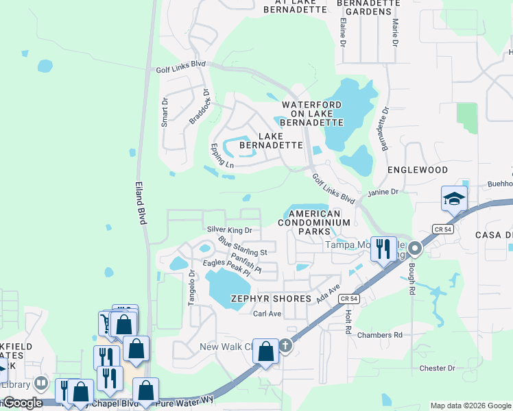 map of restaurants, bars, coffee shops, grocery stores, and more near 34922 Double Eagle Court in Zephyrhills