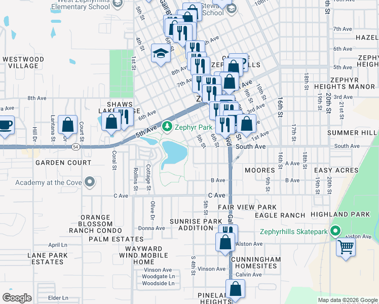 map of restaurants, bars, coffee shops, grocery stores, and more near 4941 4th Street in Zephyrhills