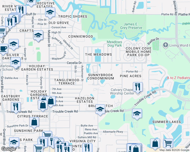 map of restaurants, bars, coffee shops, grocery stores, and more near 4832 Sunnybrook Drive in New Port Richey