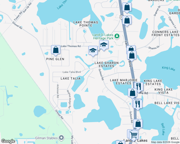 map of restaurants, bars, coffee shops, grocery stores, and more near 4935 Patagonia PI in Land O' Lakes
