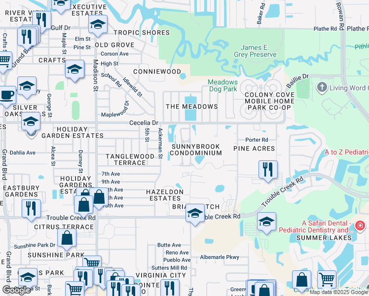 map of restaurants, bars, coffee shops, grocery stores, and more near 4832 Sunnybrook Drive in New Port Richey