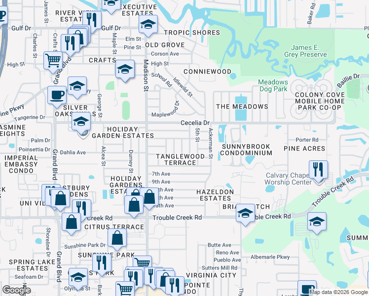 map of restaurants, bars, coffee shops, grocery stores, and more near 4852 Fleetwood Street in New Port Richey