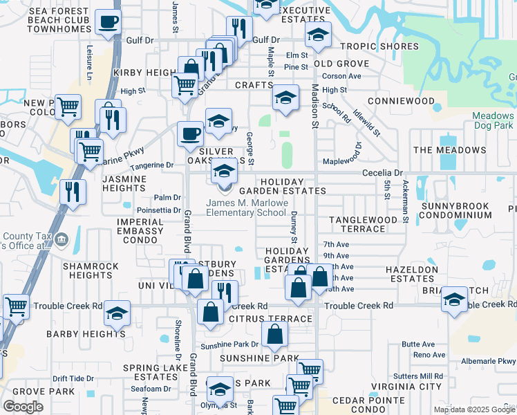 map of restaurants, bars, coffee shops, grocery stores, and more near 5746 Embay Avenue in New Port Richey