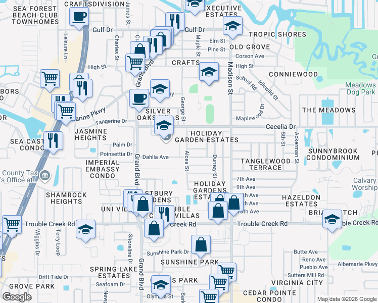 map of restaurants, bars, coffee shops, grocery stores, and more near 5747 Embay Avenue in New Port Richey