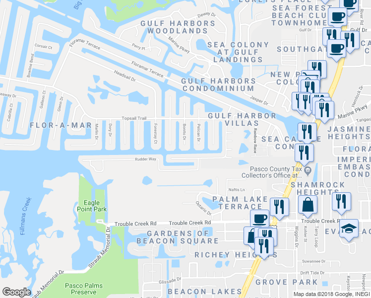 map of restaurants, bars, coffee shops, grocery stores, and more near 4850 Bonito Drive in New Port Richey
