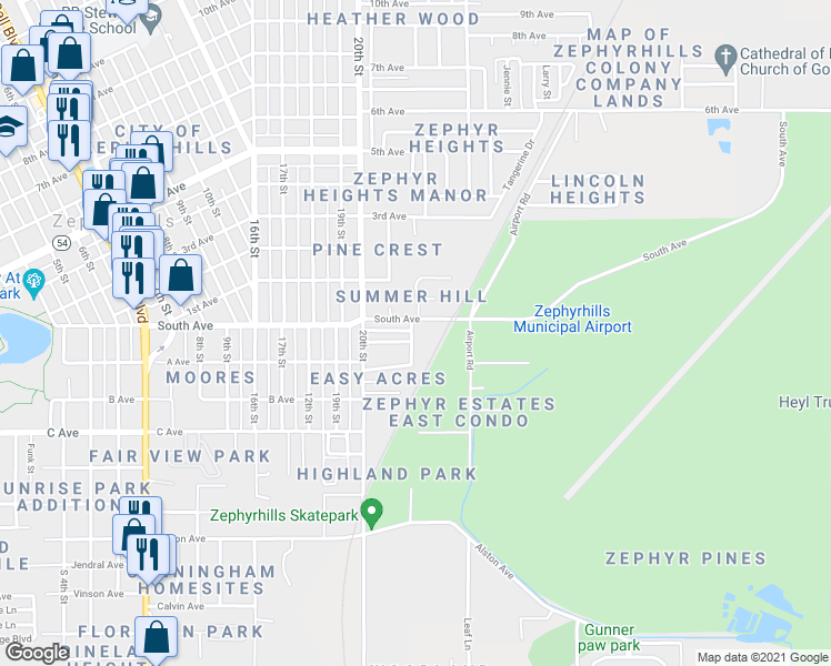map of restaurants, bars, coffee shops, grocery stores, and more near 39110 South Avenue in Zephyrhills