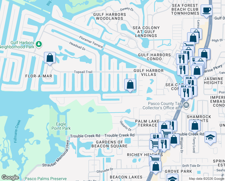 map of restaurants, bars, coffee shops, grocery stores, and more near 4850 Bonito Drive in New Port Richey