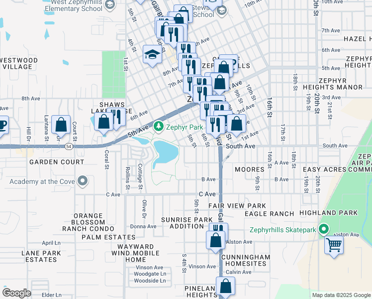 map of restaurants, bars, coffee shops, grocery stores, and more near 4940 4th Street in Zephyrhills