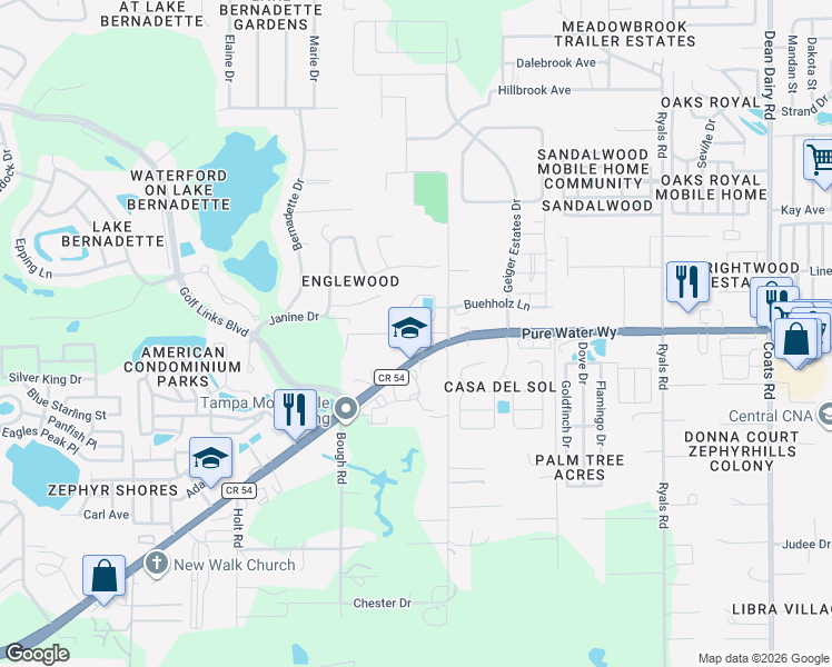 map of restaurants, bars, coffee shops, grocery stores, and more near 4998 Bellaire Road in Zephyrhills
