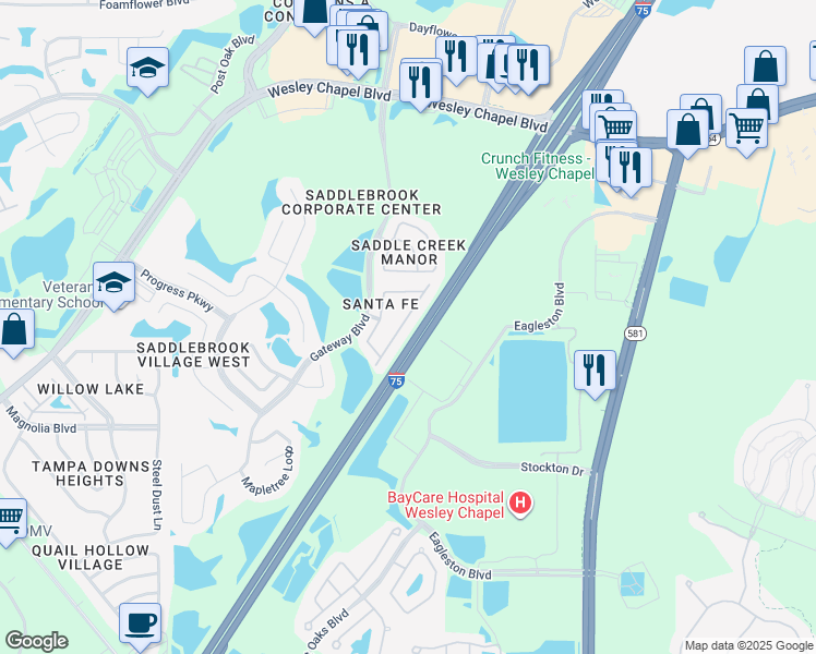 map of restaurants, bars, coffee shops, grocery stores, and more near 5018 Cactus Needle Lane in Zephyrhills