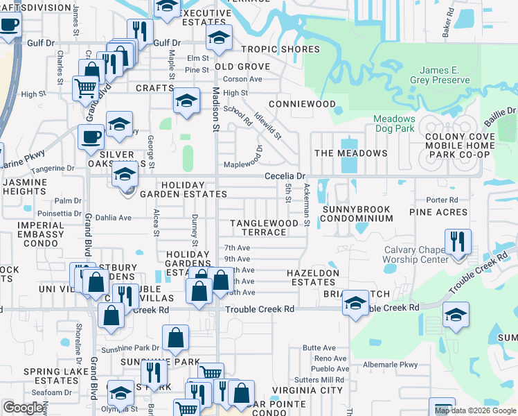 map of restaurants, bars, coffee shops, grocery stores, and more near 4846 Elmwood Street in New Port Richey