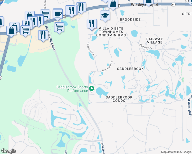 map of restaurants, bars, coffee shops, grocery stores, and more near 5020 Mill Pond Road in Zephyrhills