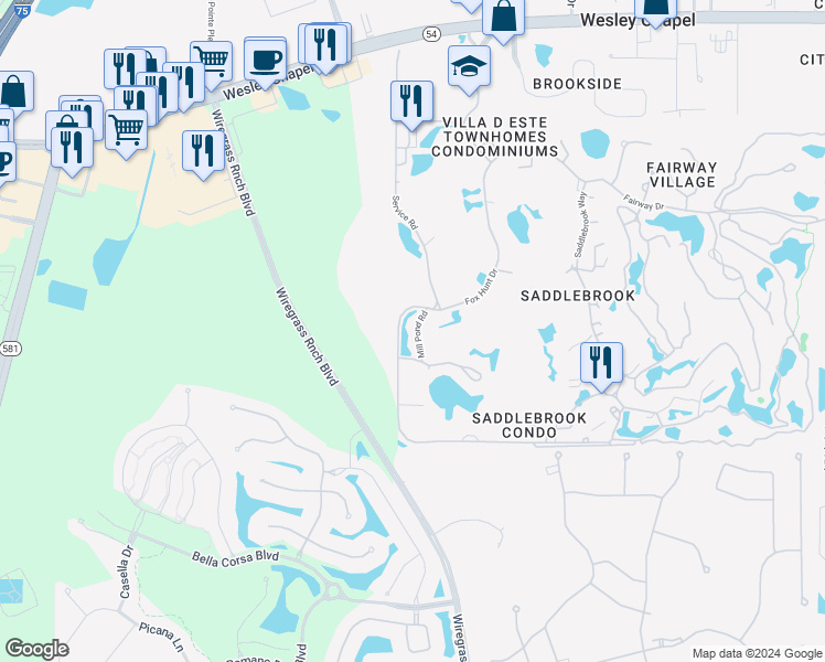 map of restaurants, bars, coffee shops, grocery stores, and more near 5019 Mill Pond Road in Zephyrhills