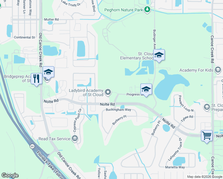 map of restaurants, bars, coffee shops, grocery stores, and more near 3400 Progress Lane in St. Cloud
