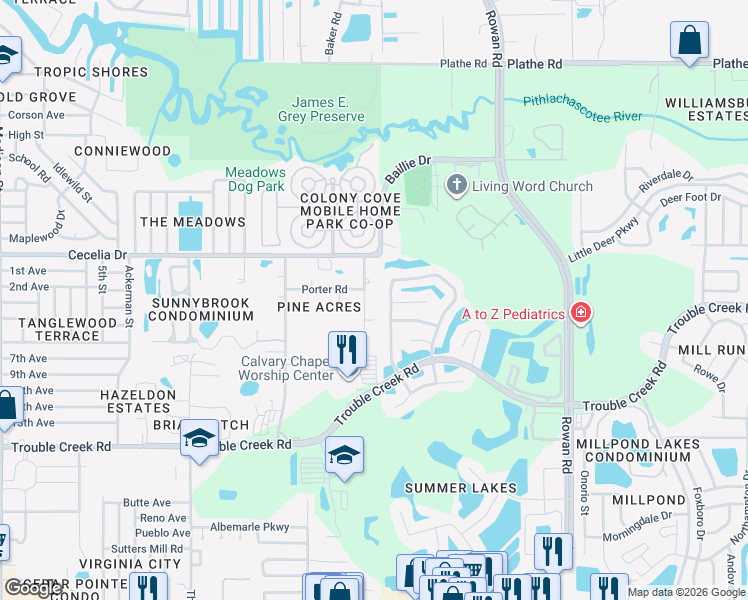map of restaurants, bars, coffee shops, grocery stores, and more near 4842 Capron Street in New Port Richey