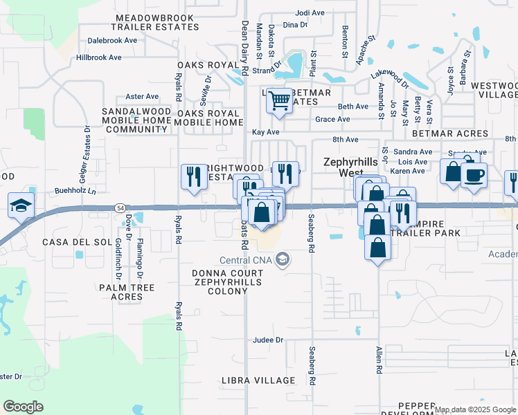 map of restaurants, bars, coffee shops, grocery stores, and more near 36538 Florida 54 in Zephyrhills