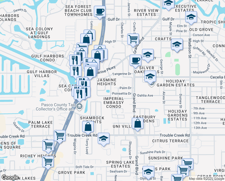 map of restaurants, bars, coffee shops, grocery stores, and more near 4848 Azalea Drive in New Port Richey