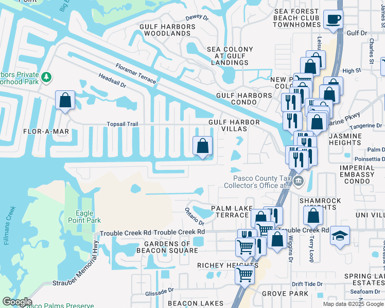 map of restaurants, bars, coffee shops, grocery stores, and more near 4852 Pelican Dr in New Port Richey