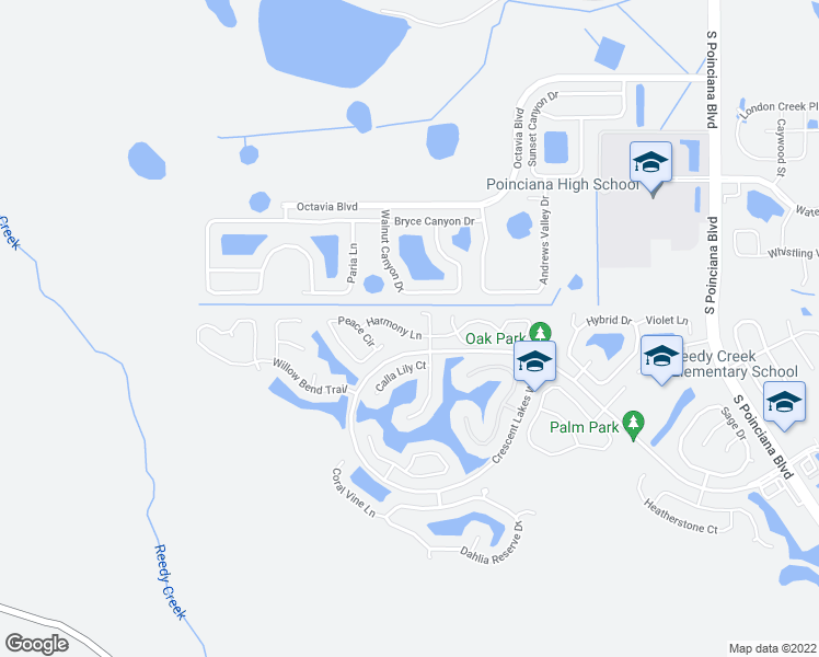 map of restaurants, bars, coffee shops, grocery stores, and more near 5407 Harmony Lane in Kissimmee