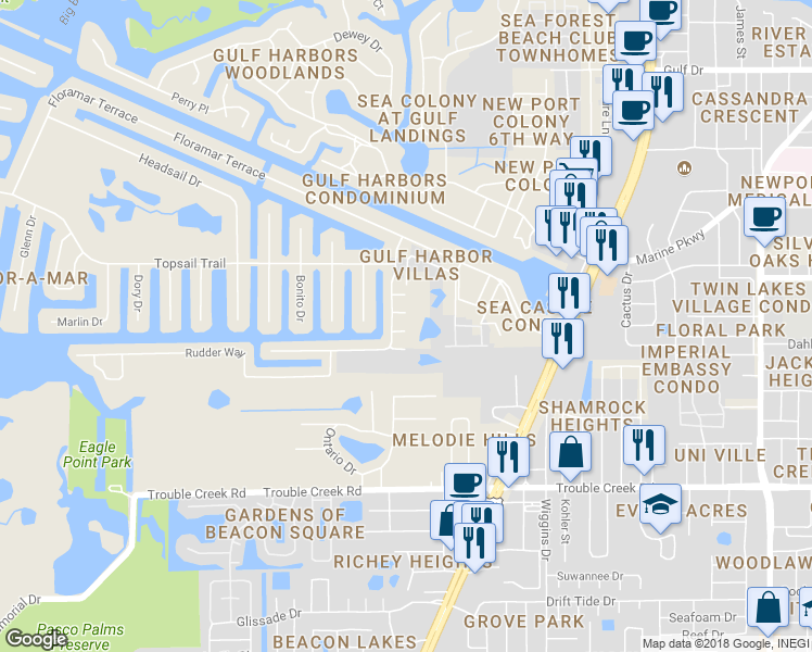 map of restaurants, bars, coffee shops, grocery stores, and more near 4631 Chamber Court in New Port Richey