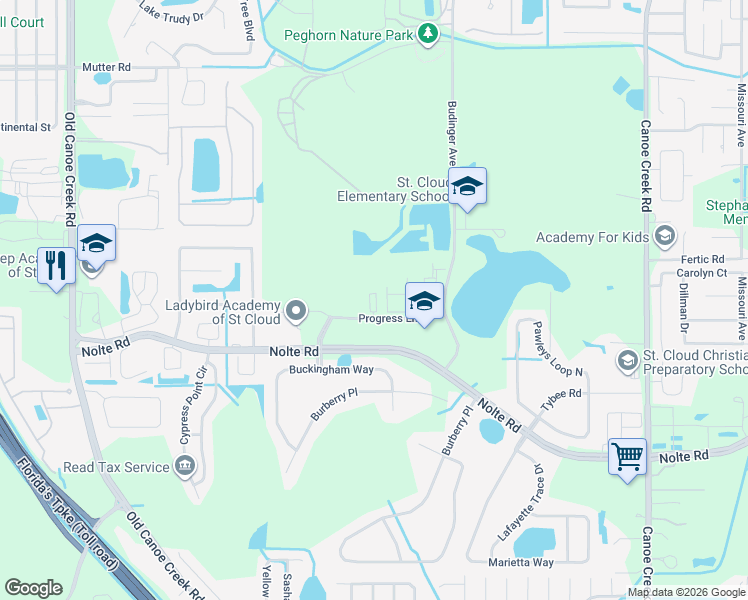 map of restaurants, bars, coffee shops, grocery stores, and more near 3399 Progress Ln in St Cloud