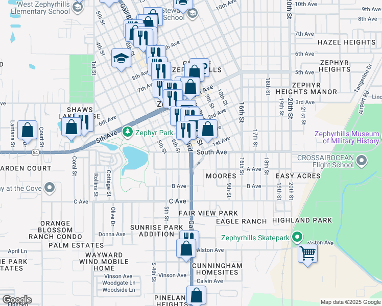 map of restaurants, bars, coffee shops, grocery stores, and more near in Zephyrhills