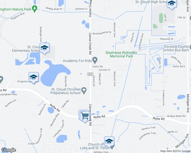 map of restaurants, bars, coffee shops, grocery stores, and more near 3041 Drema Drive in Saint Cloud