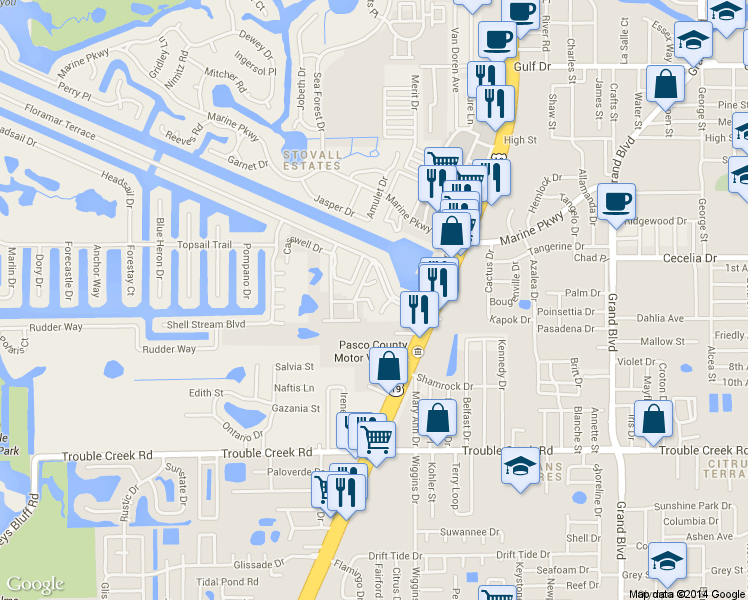 map of restaurants, bars, coffee shops, grocery stores, and more near 4844 Booth Bay Drive in New Port Richey