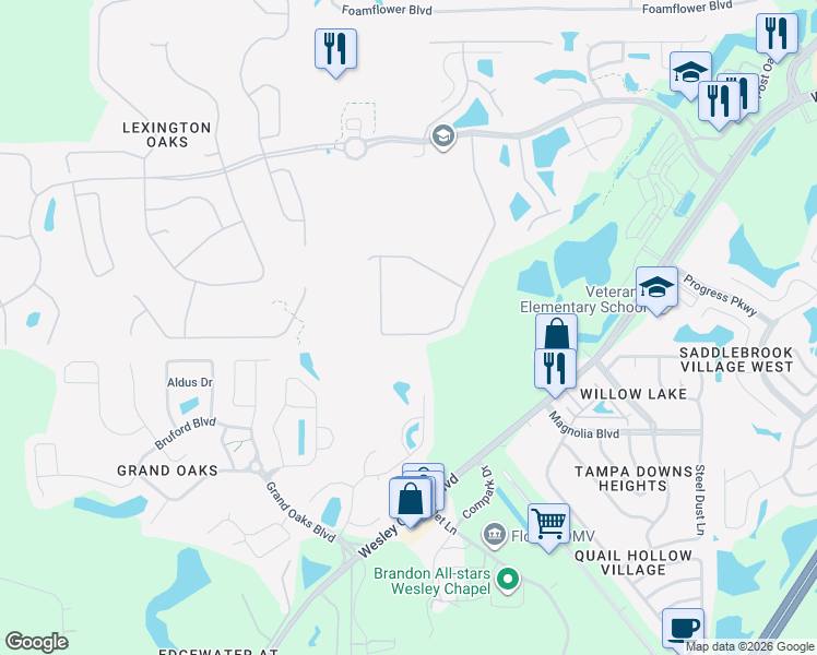 map of restaurants, bars, coffee shops, grocery stores, and more near 5047 Silver Charm Terrace in Wesley Chapel